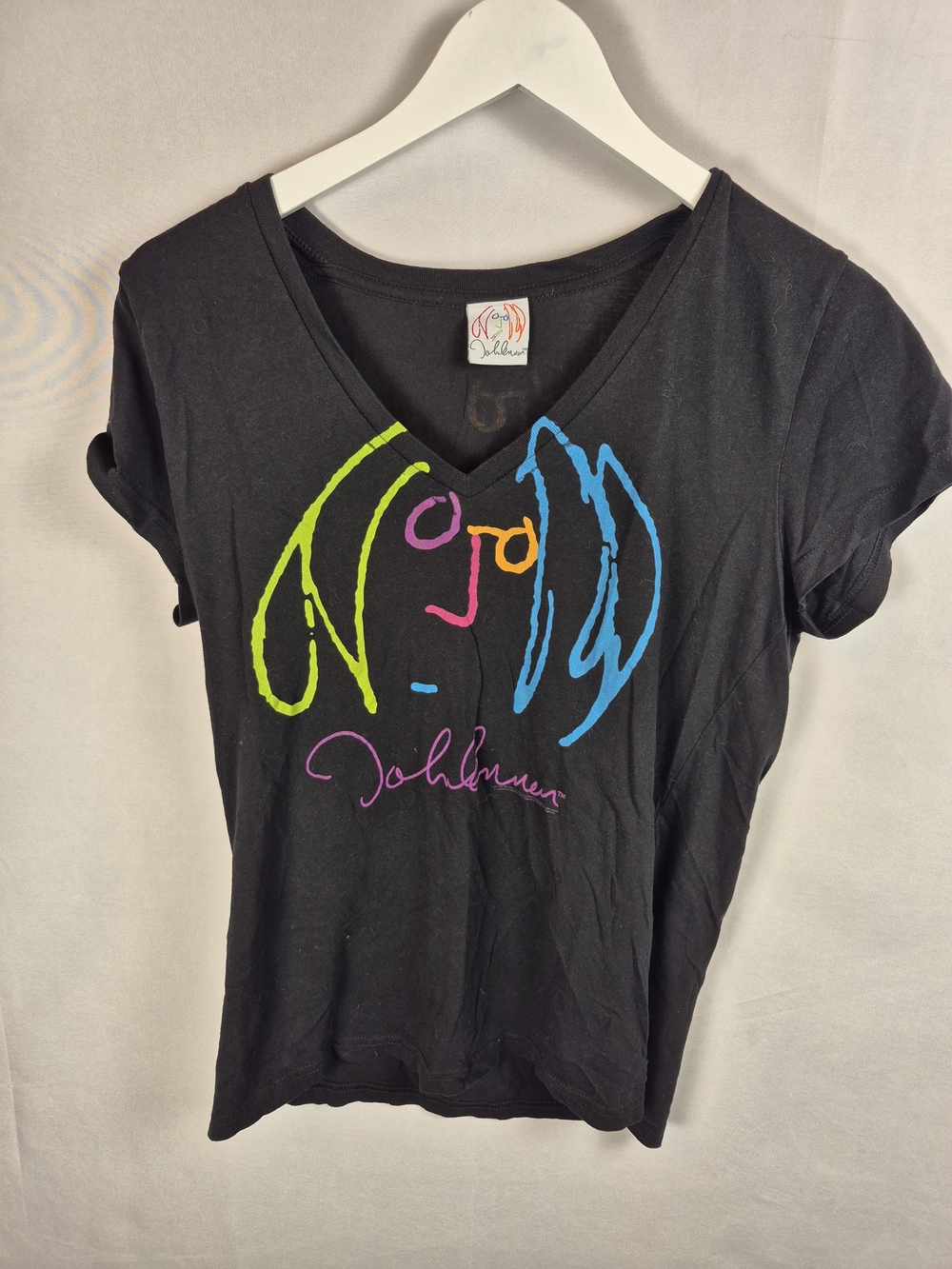 John Lennon Black Graphic V-Neck Tee in Neon Multi Size S
